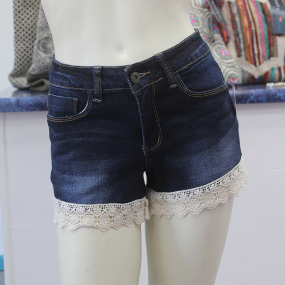 L&B Pants - L&B Denim Shorts with Crochet Trim - Dark Wash